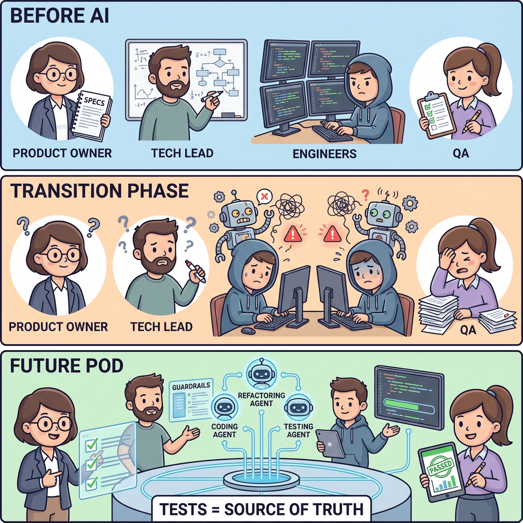 A three-panel comic illustrating the evolution of product pod roles across three phases: Before AI (traditional code-centric pods), Transition Phase (personal AI assistants causing confusion), and Future Pod (shared AI agents with tests as source of truth)