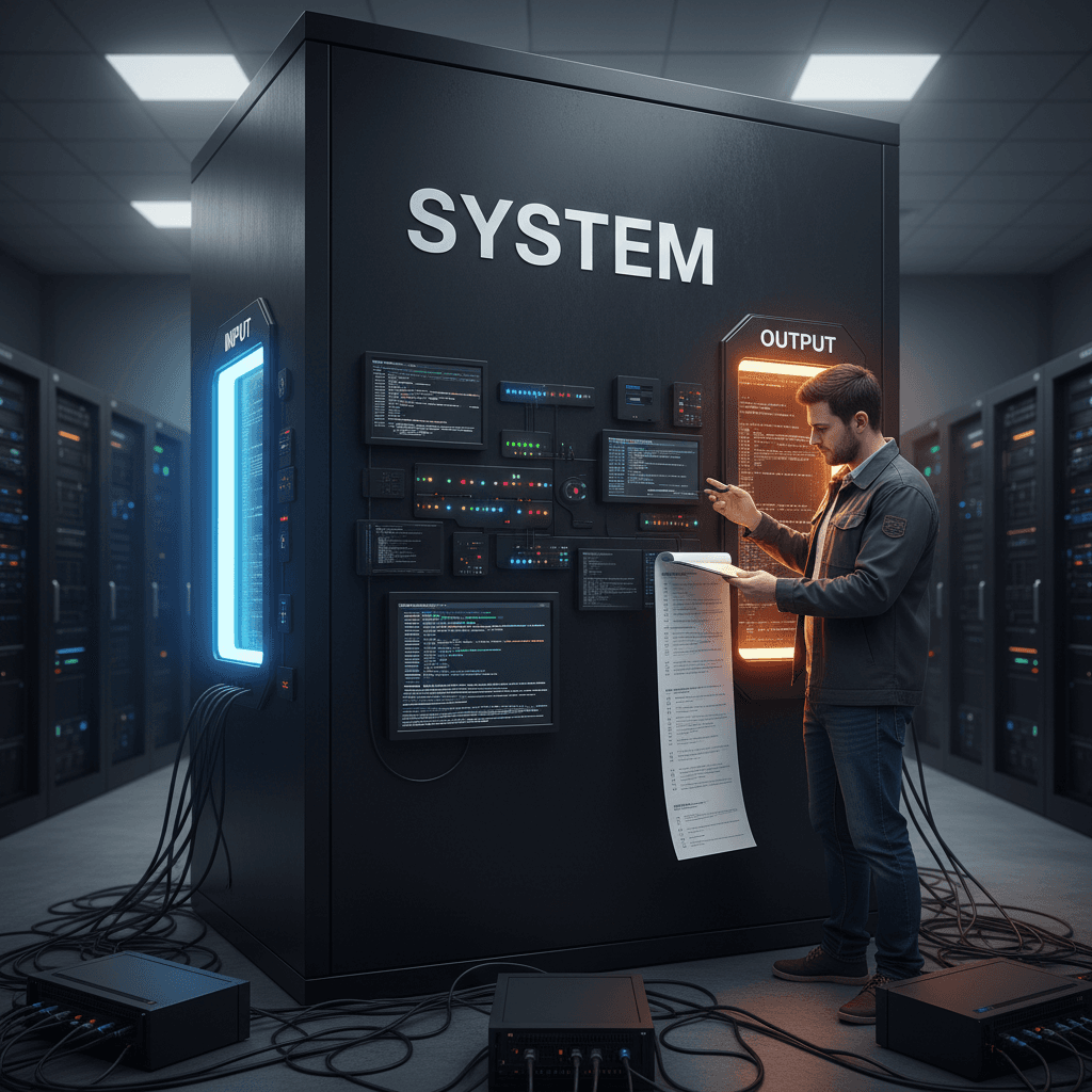 A man comparing system output with a specification document, illustrating the challenge of verifying complex systems where the implementation becomes a black box