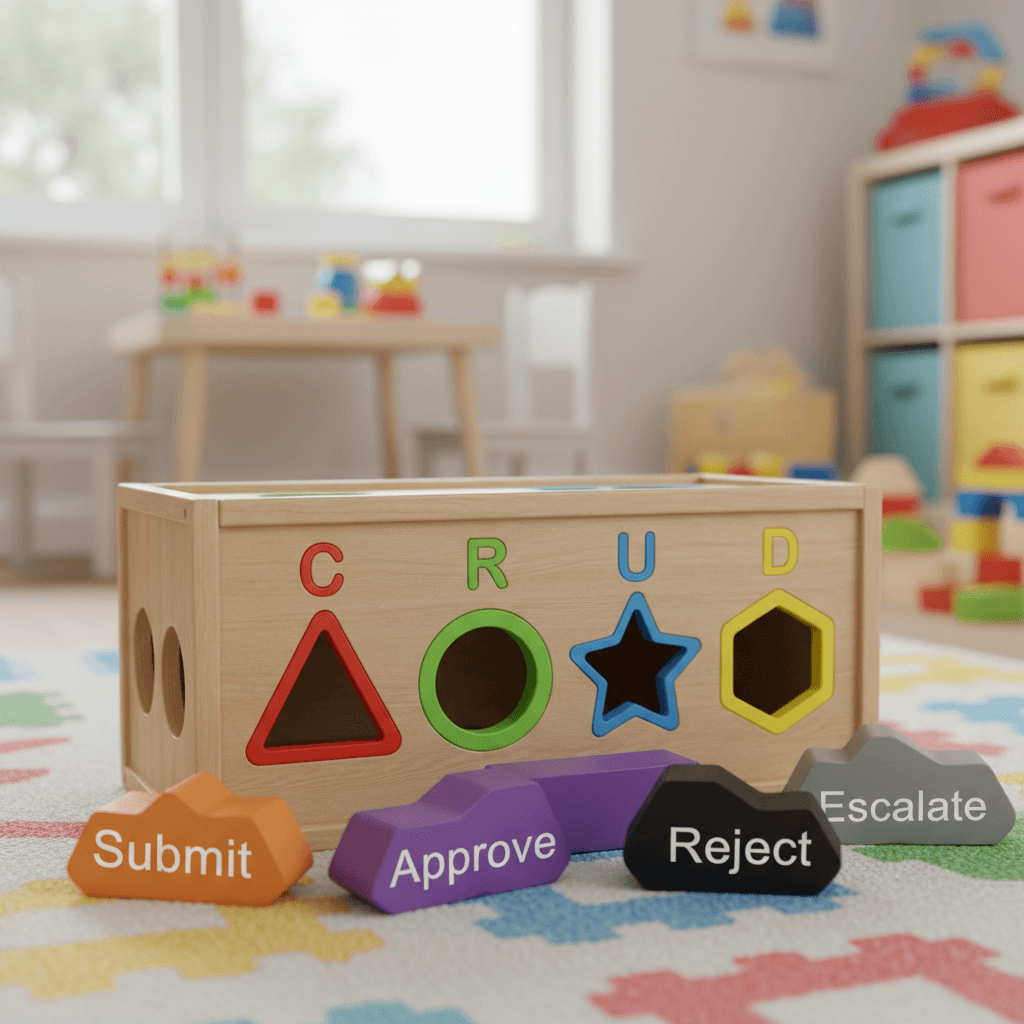 Shape sorter toy showing CRUD blocks (R, U, D) and business action blocks (Submit, Approve, Reject) scattered around, illustrating how CRUD operations don't fit business actions