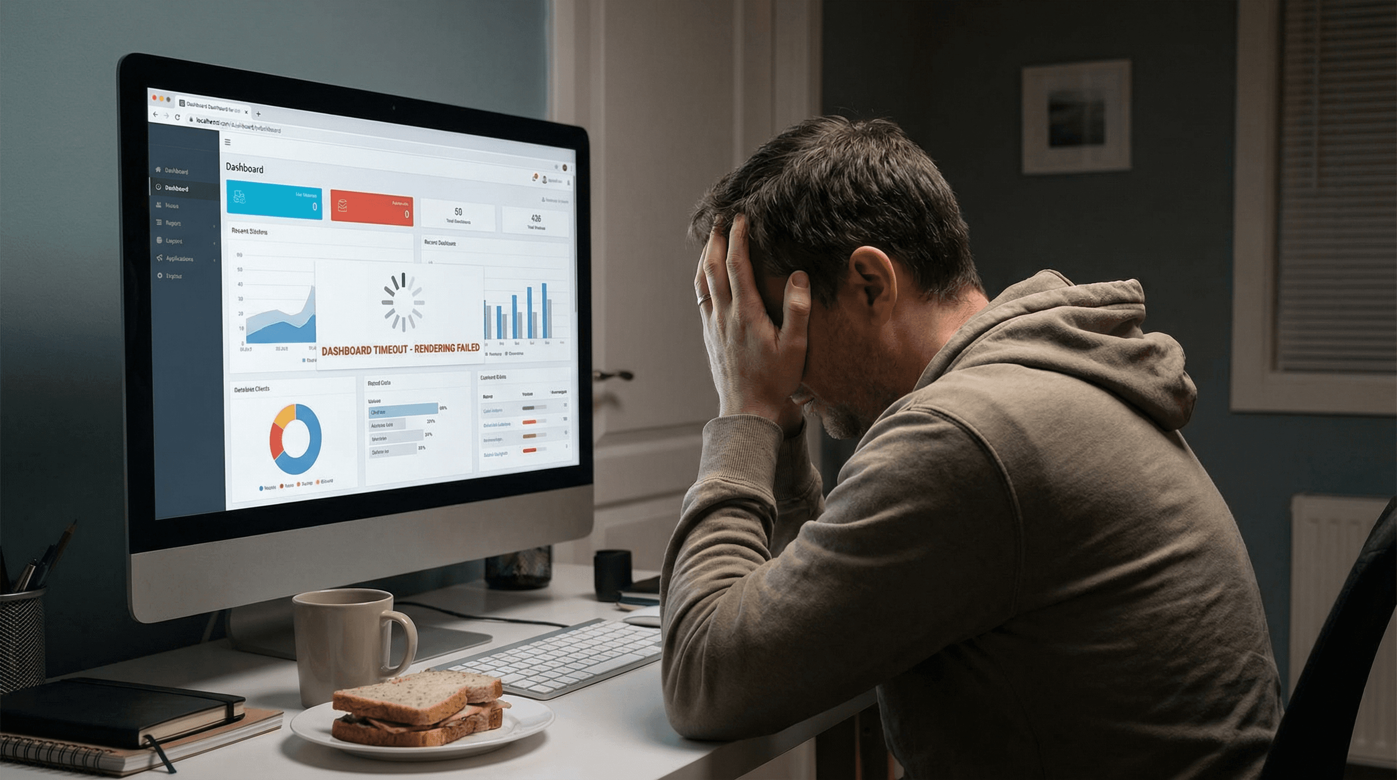 Dashboard timeout error showing rendering failure - illustrating what happens when projections lag or fail to update synchronously