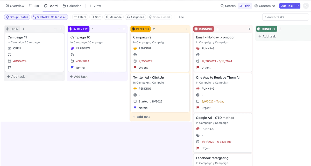 ClickUp Kanban board showing task states